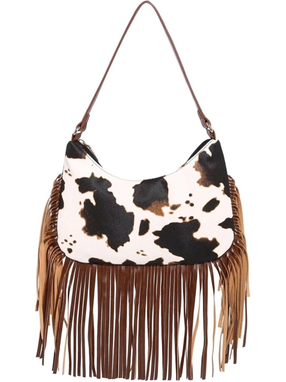 Women's Boho Cow Print Fringe Underarm Handbag | Western Cowgirl, Zipper Closure
